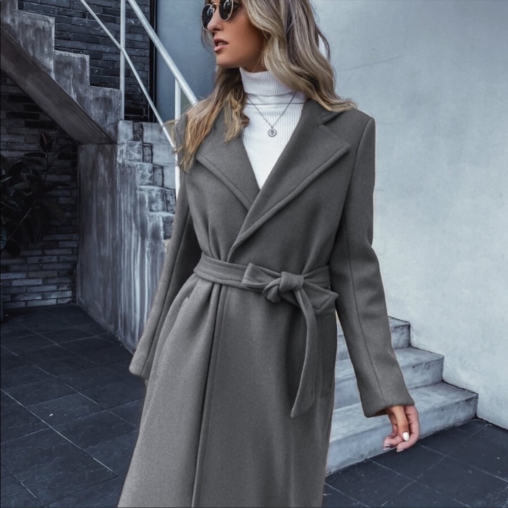 Trench coat pea coat jacket charcoal gray grey - Picture 7 of 16